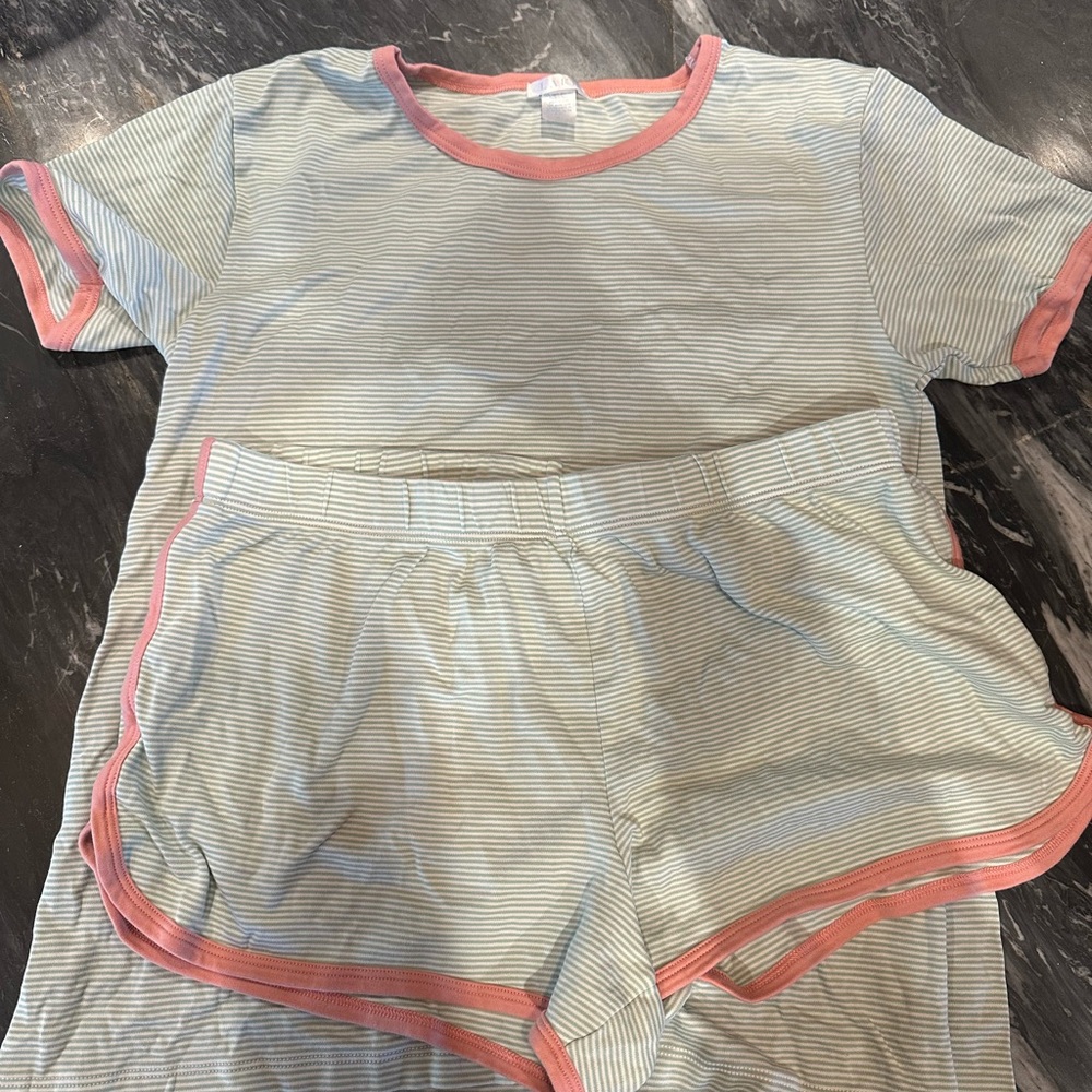 LAKE Short Sleeve Striped Pajama Set with Pink Accents